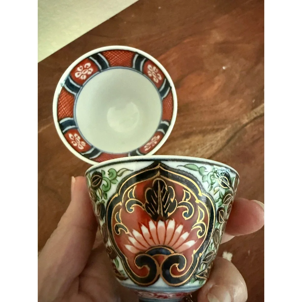 Vintage Japanese Imari Porcelain Sake Cups Set -2 Hand Painted Gold Gilt Footed